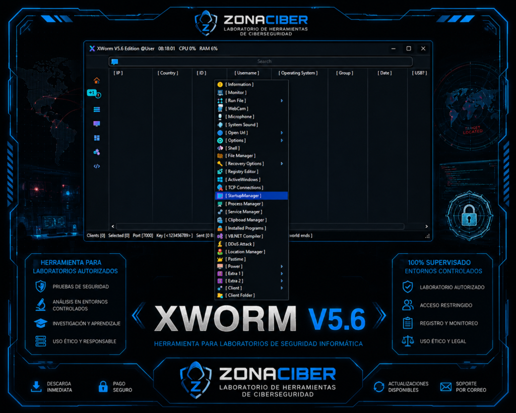 XWorm v5.6 es un troyano de acceso remoto (RAT) versátil que roba datos, registra pulsaciones de teclas (keylogging), toma capturas de pantalla y ejecuta cargas útiles adicionales
